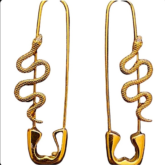 Gold Safety Pin Snake Earrings - Picture 4 of 10